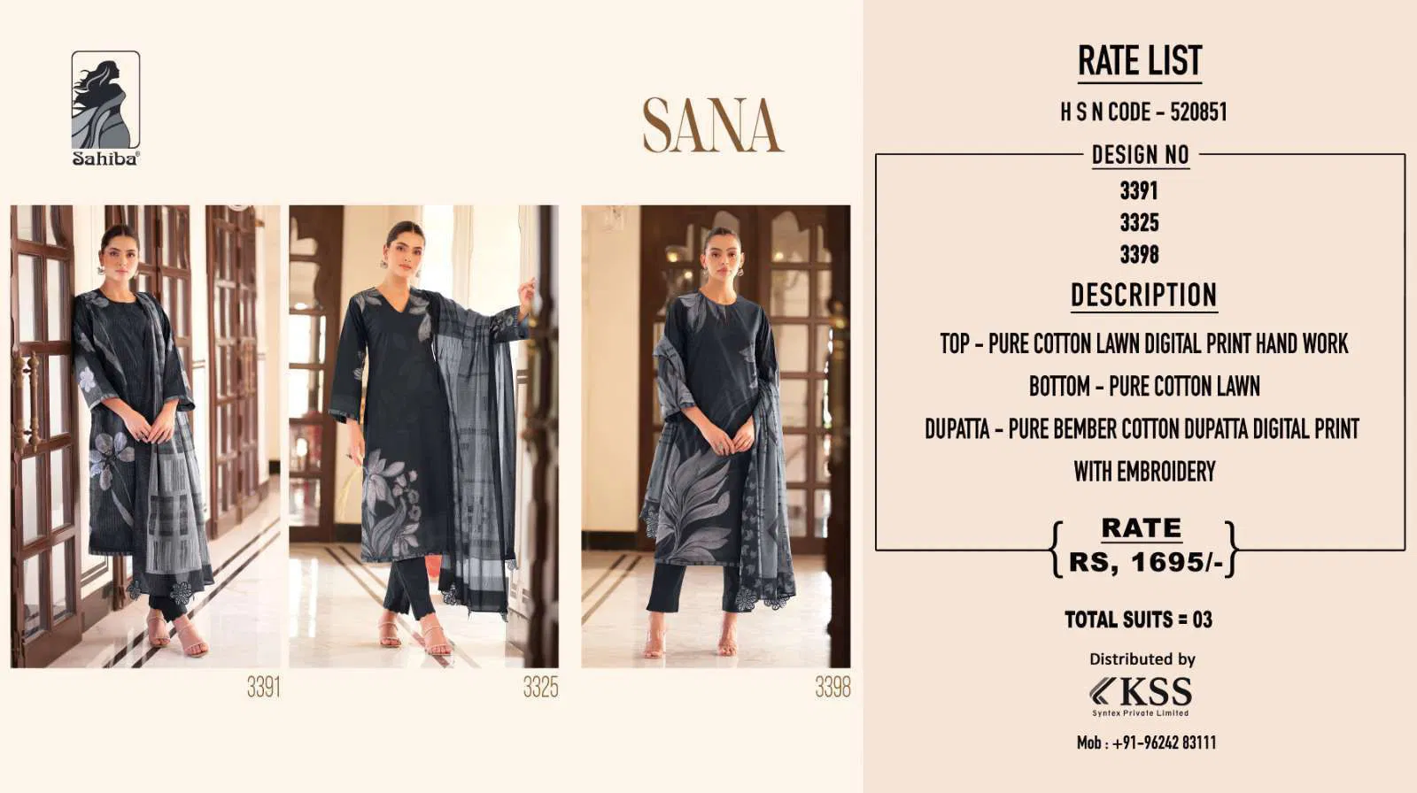 Sana By Sahiba Lawn Cotton Digital Printed Dress Material Wholesale Online